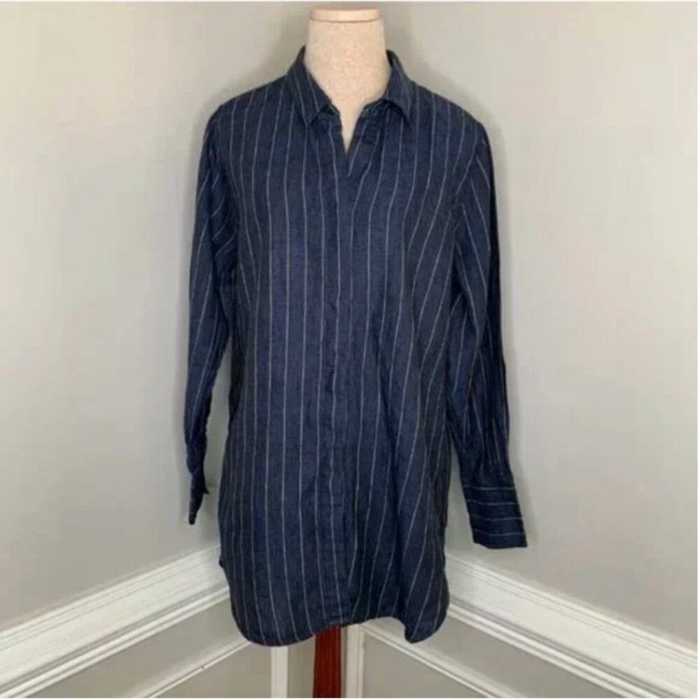 Soft Surroundings 100% Linen Blue and White Striped Long Sleeve Size Large